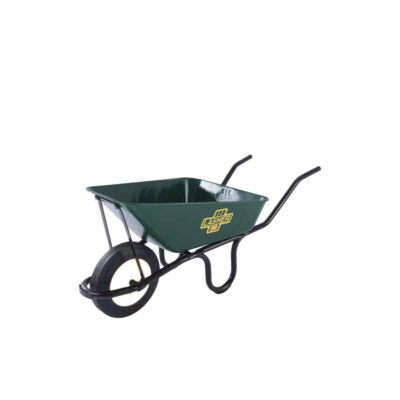 A metal based wheel barrow, set against a transparent background