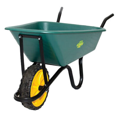 A plastic green wheelbarrow with yellow accents in the wheels