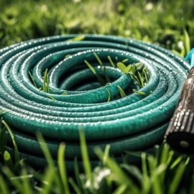 Garden hose that's been rolled up in the grass- close up view.