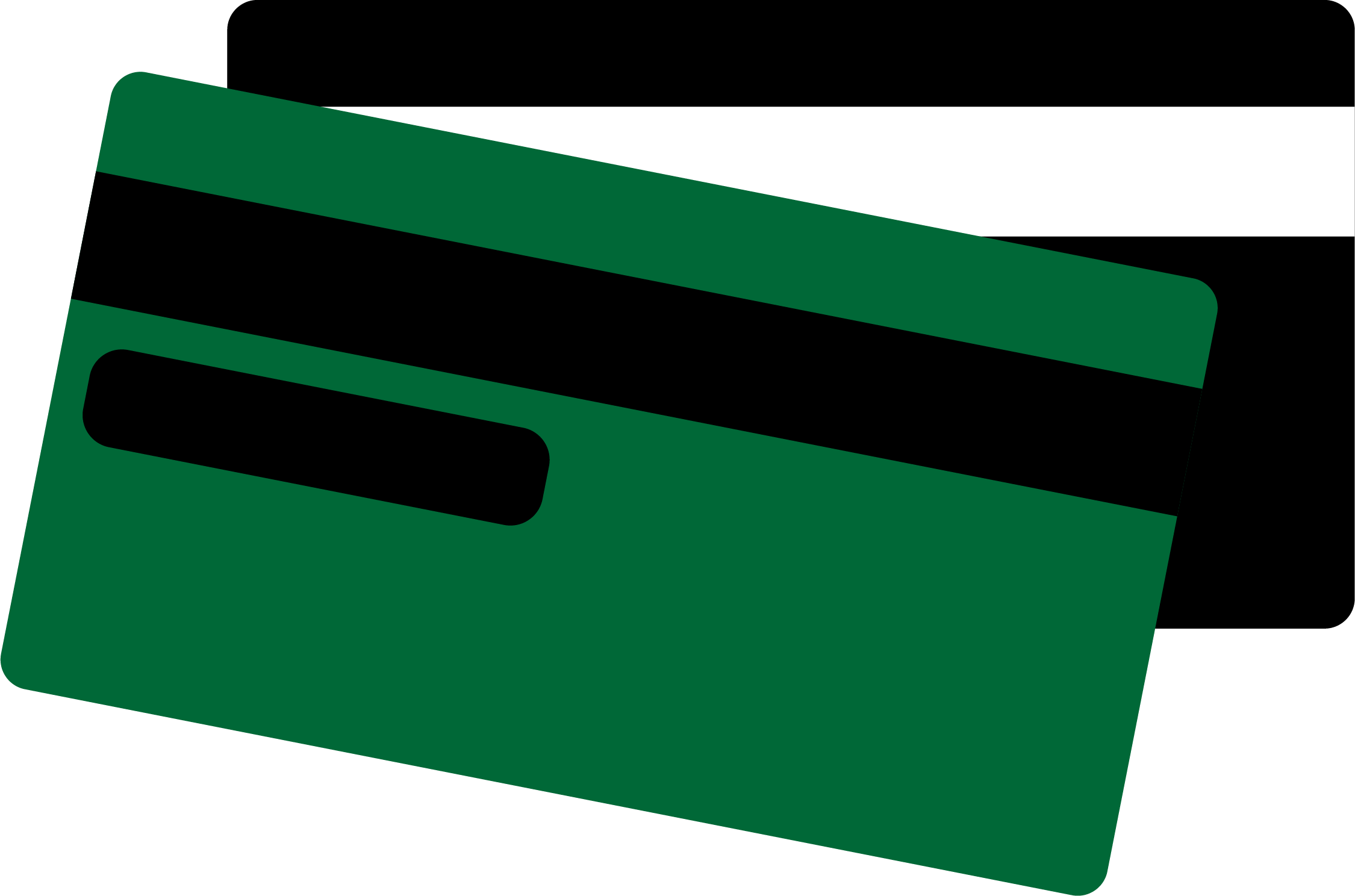 A black and green graphic made to simulate credit cards on a transparent background